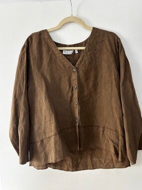 HABITAT 100% Linen Button Front Blouse Brown Large Lagenlook Beachy Granola